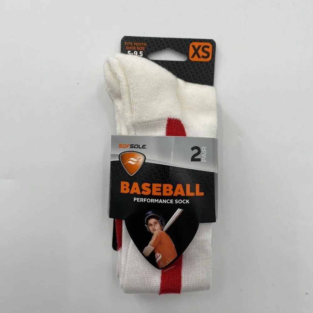 2 Pair Sof Sole Baseball Stirrup Over-the-Calf Performance Socks White/Red 5-9.5